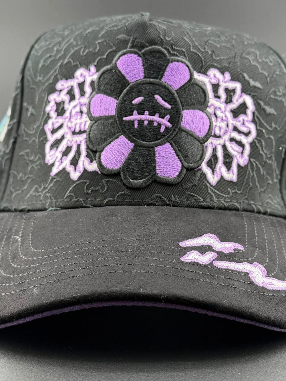Black & Purple Embroidered Flower Baseball Cap